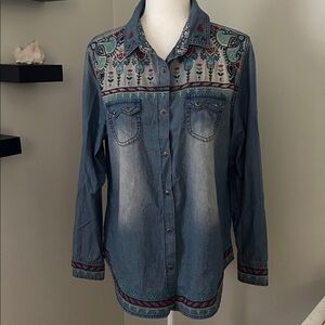 Tasha Polizzi Embroidered Denim Snap-Up Shirt, Large